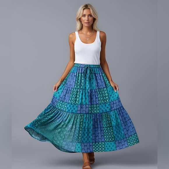 Boho Patchwork Print Maxi Skirt Blue - Picture 3 of 10
